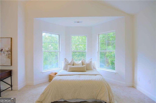 bedroom with light colored carpet and multiple windows