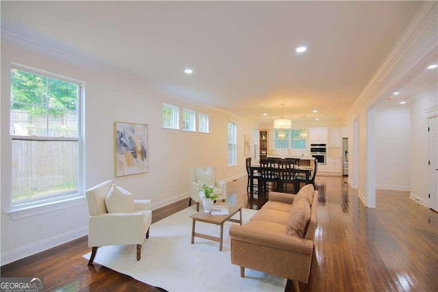 living room with hardwood / wood-style flooring, plenty of natural light, and ornamental molding