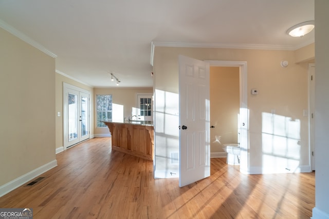 kitchen with french doors, light hardwood / wood-style flooring, ornamental molding, and sink