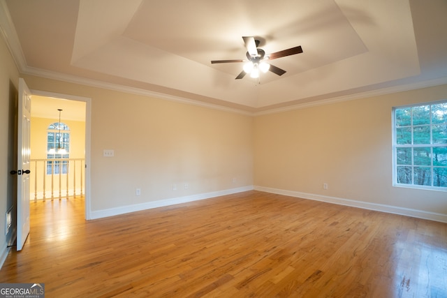 unfurnished room featuring a raised ceiling, crown molding, plenty of natural light, and wood-type flooring