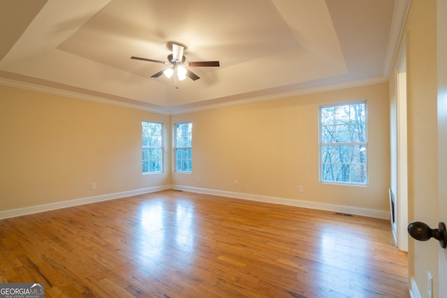 unfurnished room with a tray ceiling, light hardwood / wood-style flooring, a healthy amount of sunlight, and ornamental molding