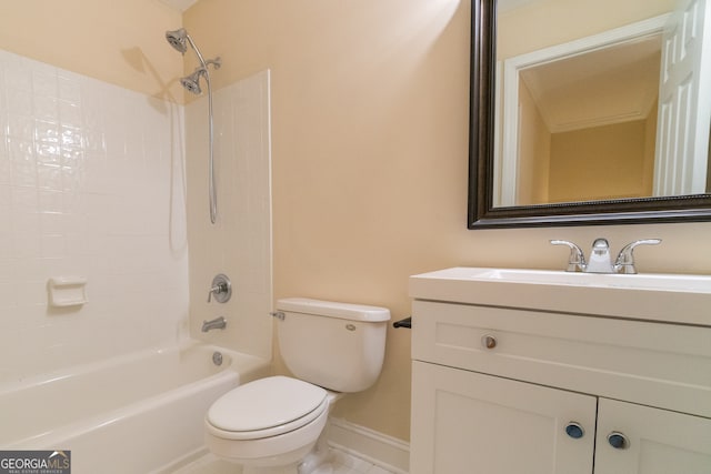 full bathroom with washtub / shower combination, vanity, toilet, and tile patterned flooring