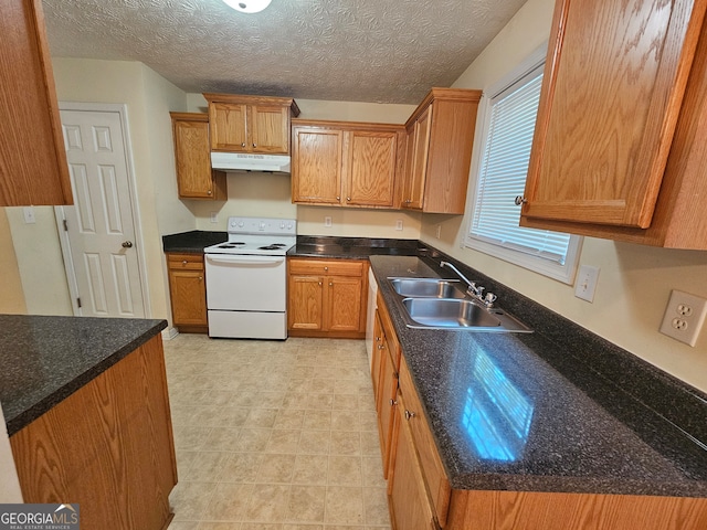 kitchen with a textured ceiling, white electric range, and sink