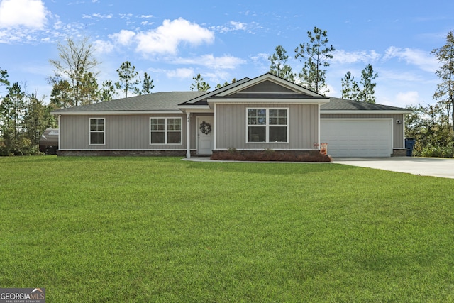 ranch-style house with a front yard and a garage