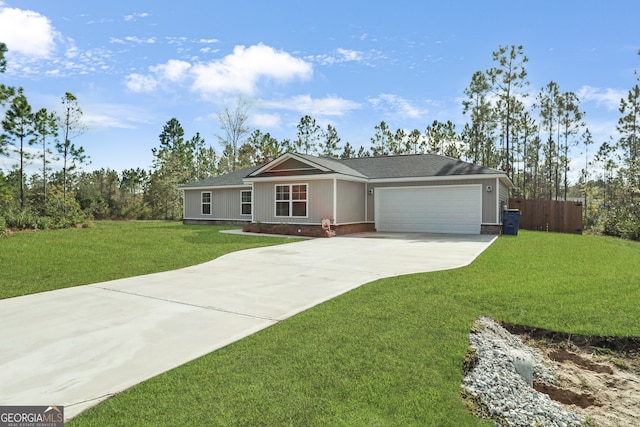 single story home featuring a front yard and a garage