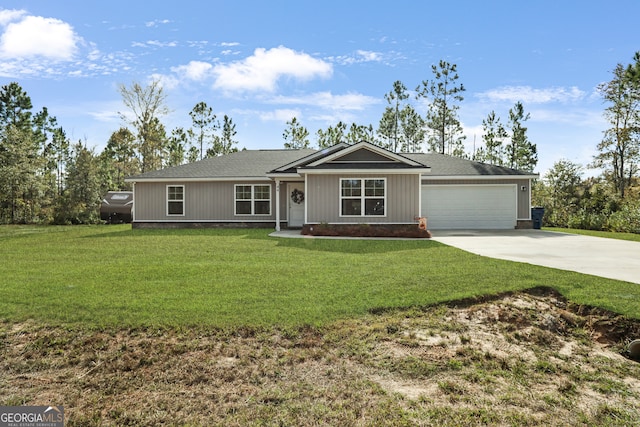 ranch-style home with a front yard and a garage