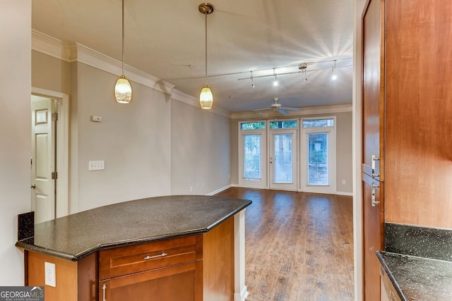 kitchen with wood-type flooring, decorative light fixtures, ceiling fan, and ornamental molding