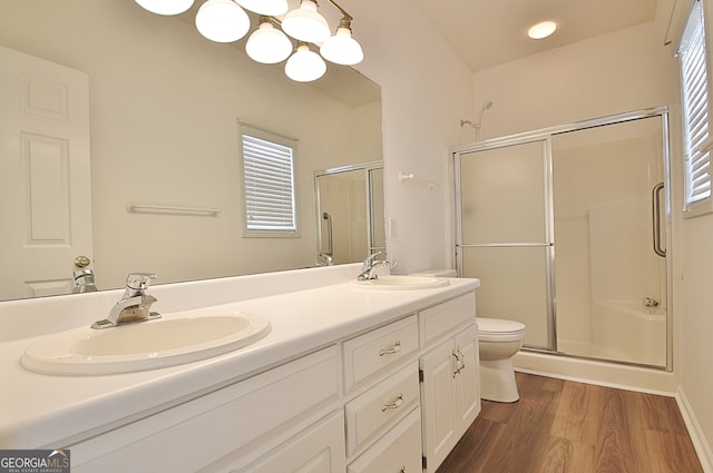 bathroom with vanity, wood-type flooring, a shower with shower door, and toilet