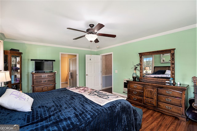 bedroom featuring ceiling fan, ornamental molding, and dark wood-type flooring