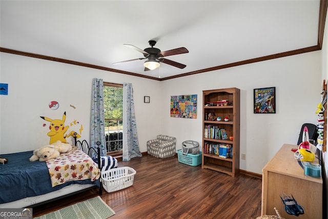 bedroom with ceiling fan, dark hardwood / wood-style flooring, and ornamental molding