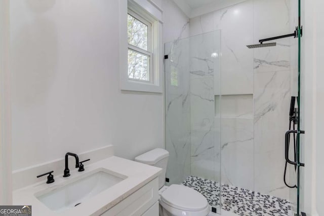 bathroom with vanity, toilet, and an enclosed shower