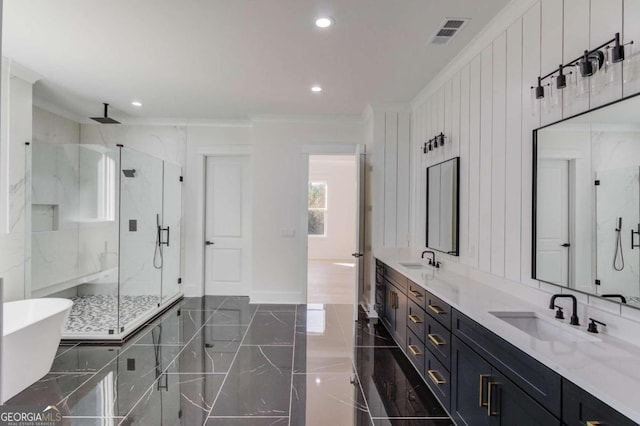 bathroom featuring vanity, independent shower and bath, and ornamental molding