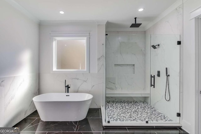 bathroom featuring independent shower and bath, tile walls, and ornamental molding