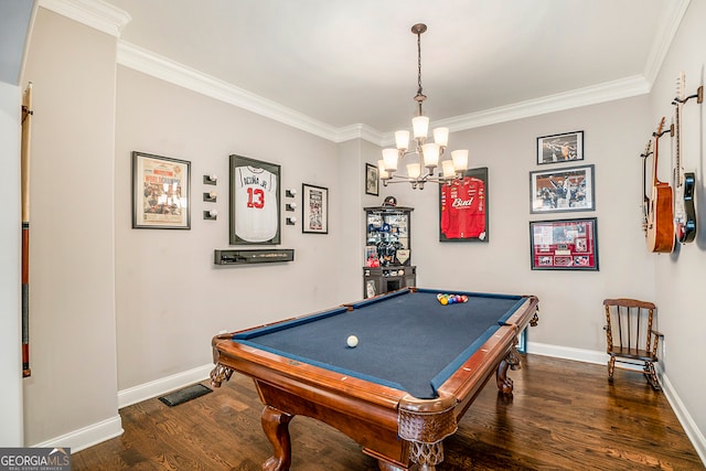 game room with dark hardwood / wood-style flooring, ornamental molding, and billiards