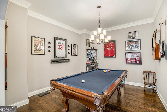 game room with crown molding, pool table, dark wood finished floors, and baseboards