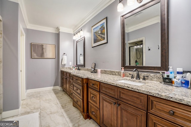 full bath with double vanity, a shower with door, marble finish floor, crown molding, and a sink