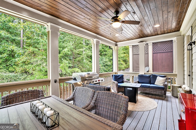 sunroom / solarium featuring ceiling fan and wooden ceiling