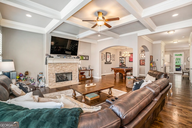 living room with coffered ceiling, ceiling fan, dark wood-type flooring, beam ceiling, and billiards