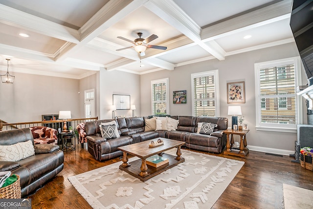 living room featuring beam ceiling, crown molding, dark hardwood / wood-style flooring, and coffered ceiling