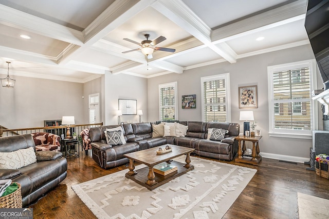 living room with coffered ceiling, baseboards, dark wood-type flooring, and beam ceiling