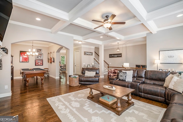 living room featuring beamed ceiling, dark wood-type flooring, coffered ceiling, and billiards