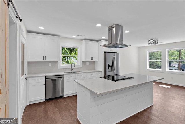 kitchen featuring a barn door, island range hood, white cabinets, and stainless steel appliances