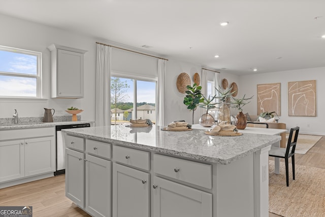 kitchen featuring light hardwood / wood-style floors, stainless steel dishwasher, a wealth of natural light, and sink