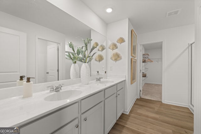 bathroom with vanity and hardwood / wood-style flooring