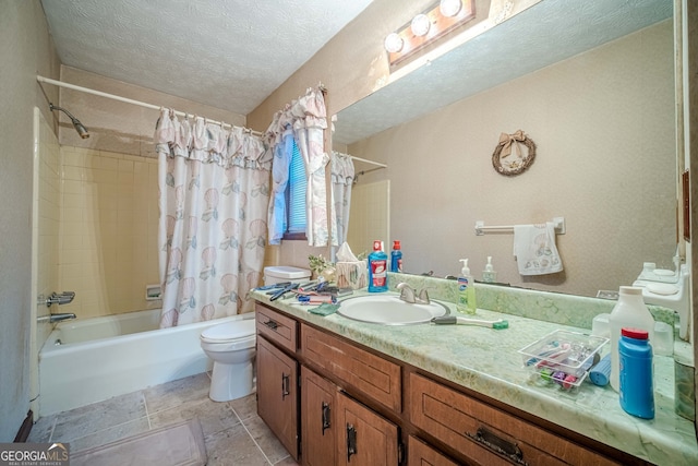 full bathroom with vanity, toilet, a textured ceiling, and shower / tub combo with curtain