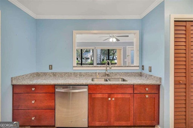 kitchen with dishwasher, crown molding, sink, ceiling fan, and light stone countertops