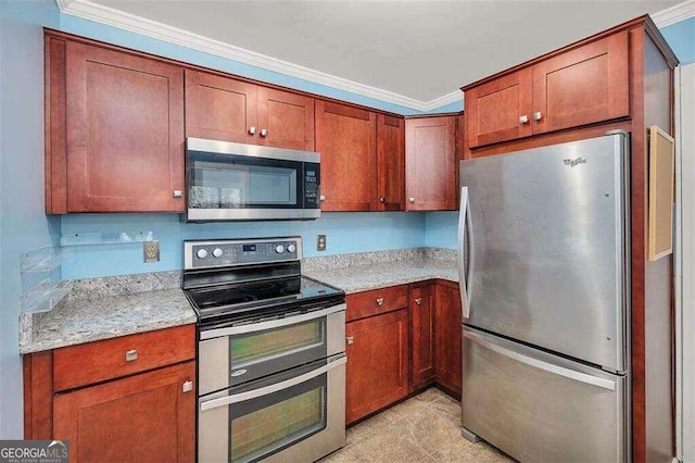 kitchen featuring crown molding, stainless steel appliances, and light stone counters