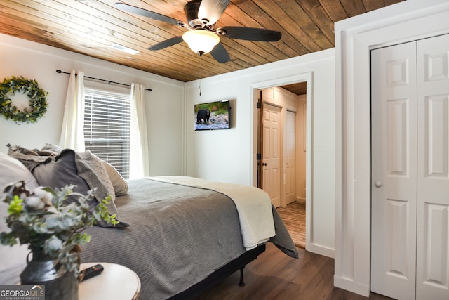 bedroom featuring ceiling fan, dark hardwood / wood-style flooring, wood ceiling, and a closet