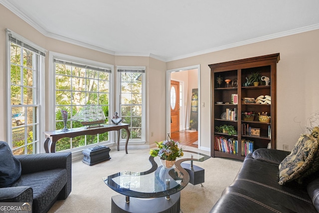 living room featuring light carpet and ornamental molding