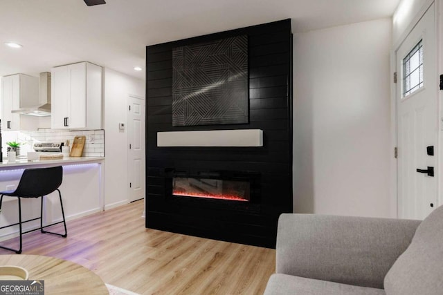 living room featuring a fireplace and light wood-type flooring