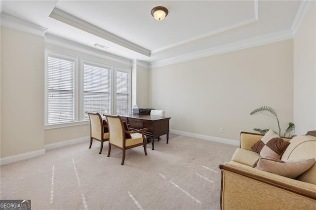 interior space featuring a raised ceiling and ornamental molding