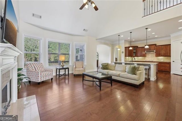 living room with sink, a towering ceiling, dark wood-type flooring, and ornamental molding