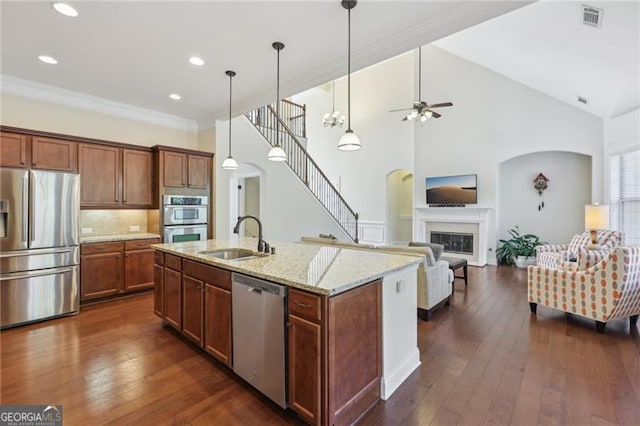 kitchen with high vaulted ceiling, sink, an island with sink, appliances with stainless steel finishes, and dark hardwood / wood-style flooring