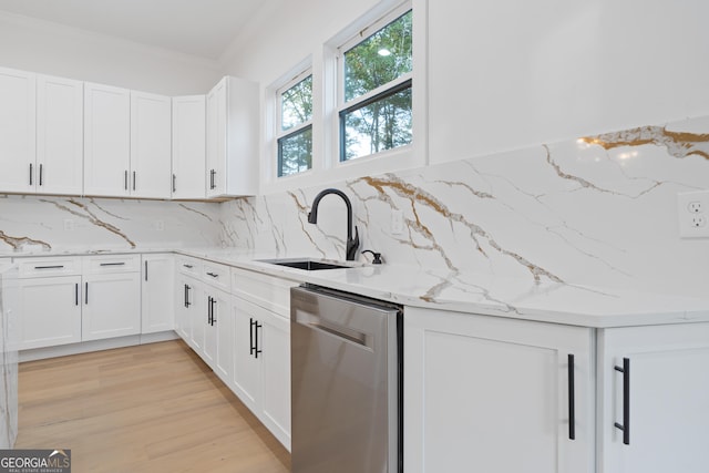 kitchen featuring white cabinetry, sink, backsplash, and dishwasher