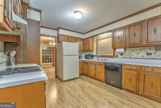 kitchen with stove, light wood-type flooring, crown molding, dishwasher, and white fridge