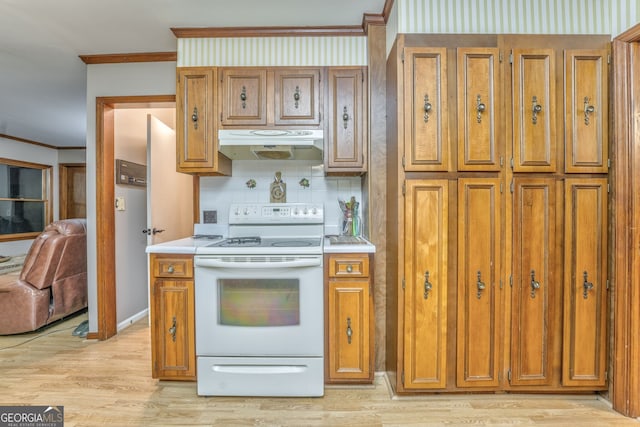 kitchen with white electric range oven, backsplash, light hardwood / wood-style flooring, and crown molding