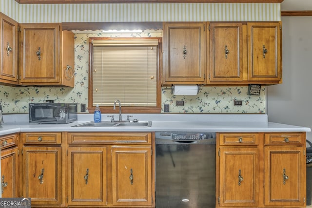 kitchen with crown molding, sink, and black appliances