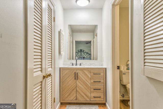 bathroom featuring hardwood / wood-style floors, vanity, and toilet