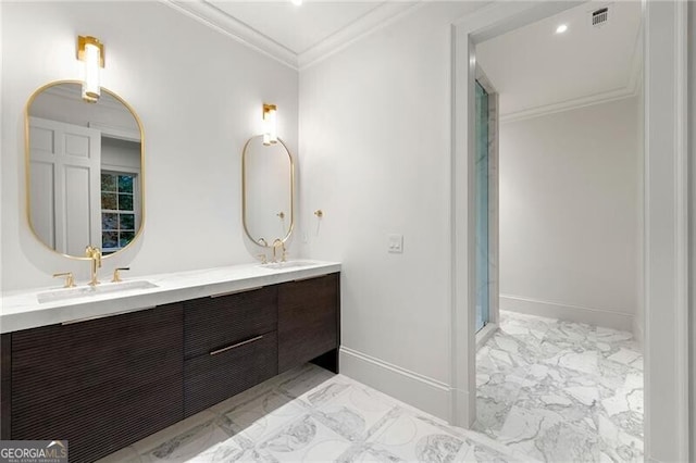 full bathroom with a sink, visible vents, marble finish floor, and crown molding