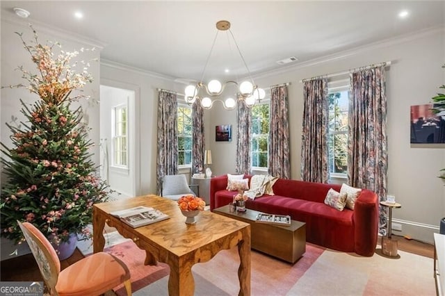 interior space with a notable chandelier, recessed lighting, crown molding, and visible vents