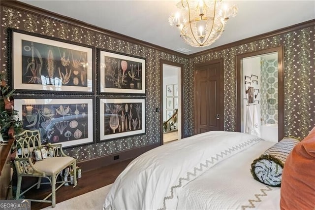 bedroom with wallpapered walls, baseboards, an inviting chandelier, and ornamental molding