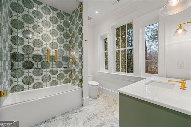 full bathroom with plenty of natural light, visible vents, vanity, and toilet