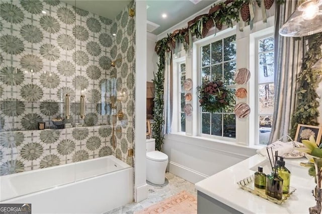 full bath with crown molding, vanity, a bathing tub, toilet, and a shower