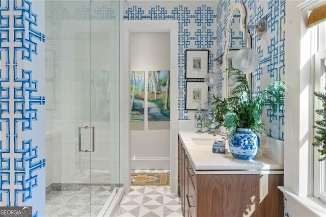 full bathroom featuring vanity and a stall shower