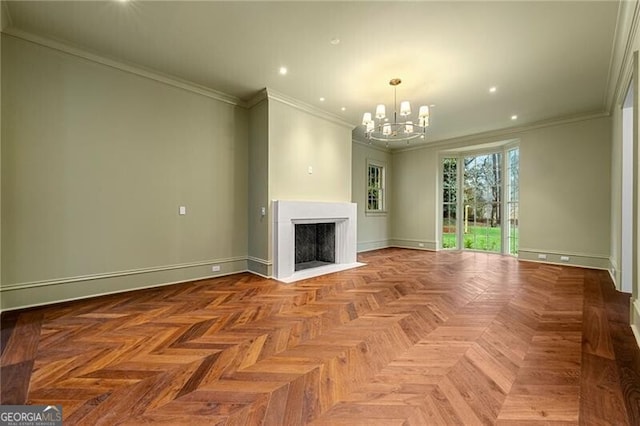 unfurnished living room featuring ornamental molding, baseboards, an inviting chandelier, and a fireplace with flush hearth