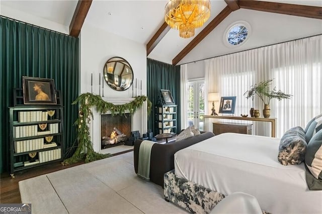 bedroom with high vaulted ceiling, beam ceiling, wood finished floors, a warm lit fireplace, and french doors